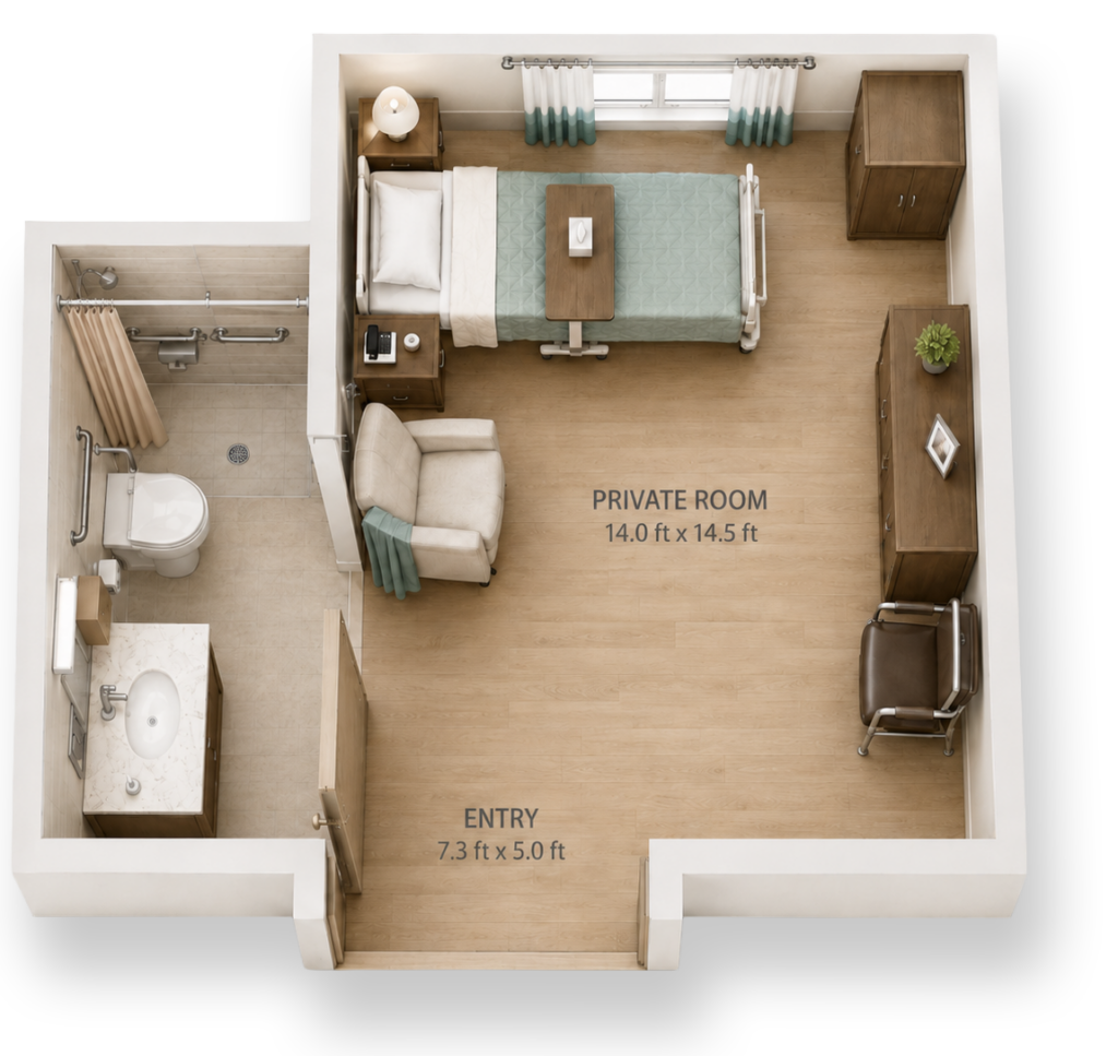 3D cutout floor plan of a private room at Premier Place: 14.0 x 14.5 ft room with private bath and 7.3 x 5.0 ft entry